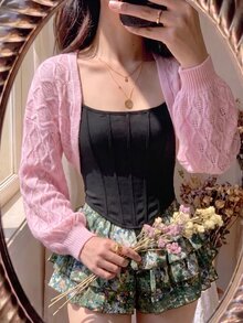 SHEIN MOD Cardigan Rajut Berongga Warna Polos untuk Wanita dengan Lengan Lentera - Berwarna merah muda - View 6