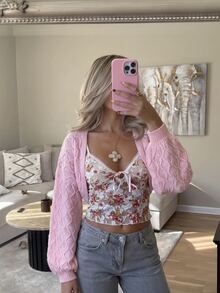 SHEIN MOD Cardigan Rajut Berongga Warna Polos untuk Wanita dengan Lengan Lentera - Berwarna merah muda - View 2