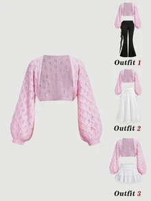 SHEIN MOD Cardigan Rajut Berongga Warna Polos untuk Wanita dengan Lengan Lentera - Berwarna merah muda - View 1