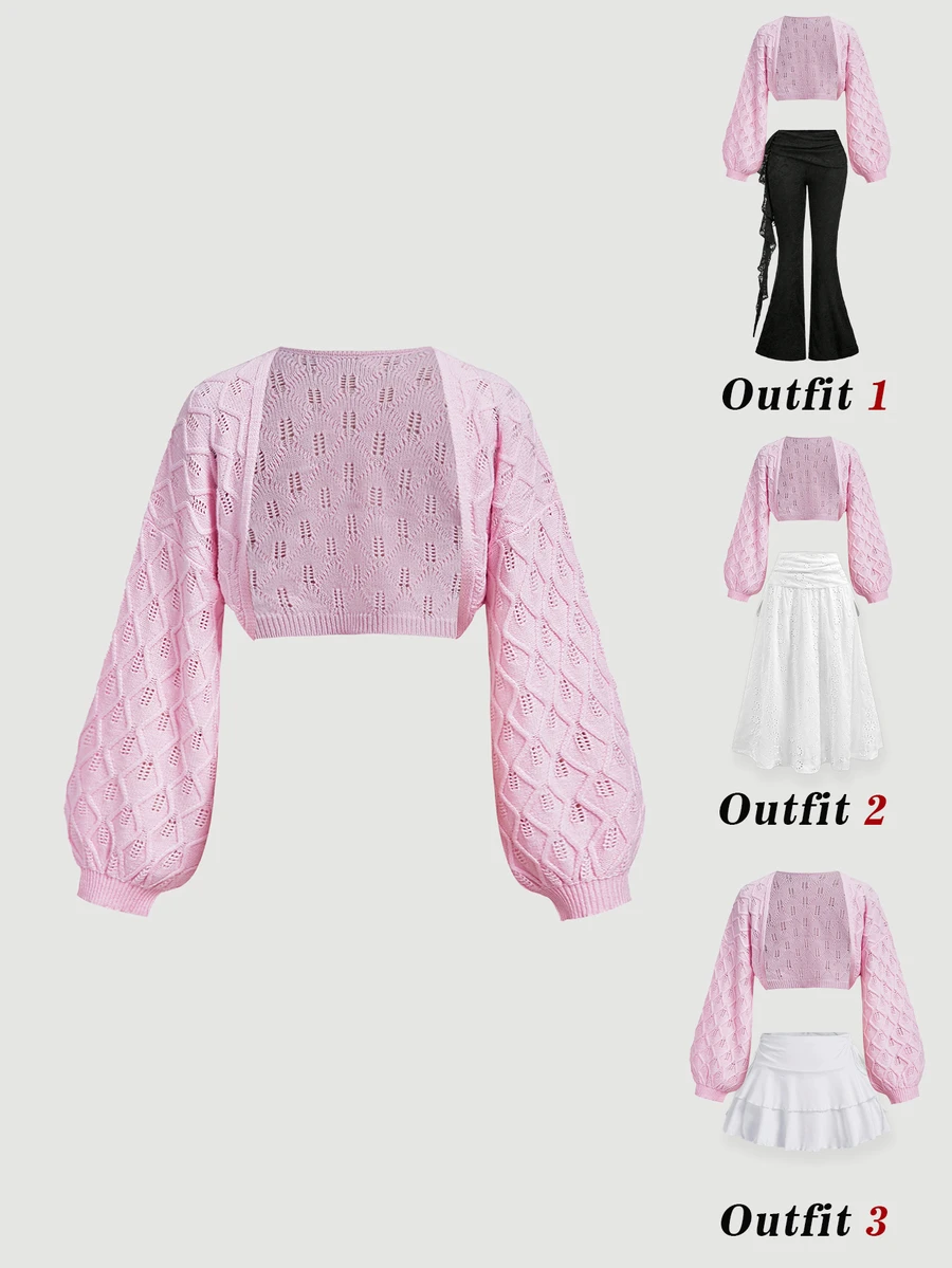 SHEIN MOD Cardigan Rajut Berongga Warna Polos untuk Wanita dengan Lengan Lentera - Berwarna merah muda - View 1