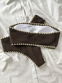 Swim Mod New Textured Fabric Women Summer Holiday Bandeau Teeth Edge Crafted Bikini Set - Chocolate Brown - View 3