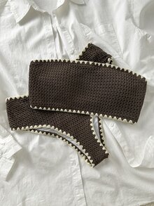Swim Mod New Textured Fabric Women Summer Holiday Bandeau Teeth Edge Crafted Bikini Set - Chocolate Brown - View 4