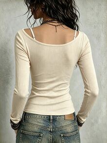 Glimmora Women's Lace Patchwork 2 In 1 T-Shirt Everyday Date Night Beige Autumn Casual Elegant - Multicolor - View 2