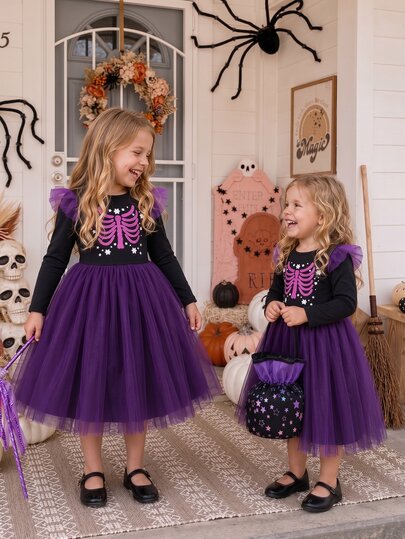 SHEIN Elladie kids Girls' Autumn Black & Purple Sweet Cool Style Thin Knit Mesh Dress, Purple Skull Ribs & Snowflake Print, Round Neck Long Sleeve Purple Flutter Sleeve Cinched Waist Puff Tulle Skirt, Holiday Photoshoot, Daily & Holiday Outfit Theme Dress