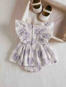 SHEIN Newborn Baby Embroidered Fabric Bow Decor Ruffle Short Sleeve Bodysuit - White - View 2