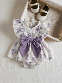 SHEIN Newborn Baby Embroidered Fabric Bow Decor Ruffle Short Sleeve Bodysuit - White - View 3