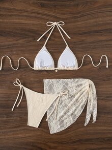 SHEIN Swim Springbreak 女士三件套：系带吊带性感比基尼泳装，带罩衫，适合夏季海滩 - 米色 - 查看 4