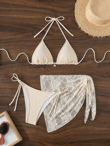 SHEIN Swim Springbreak 女士三件套：系带吊带性感比基尼泳装，带罩衫，适合夏季海滩 - 米色 - 查看 3