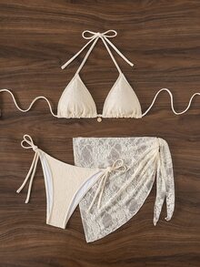 SHEIN Swim Springbreak 女士三件套：系带吊带性感比基尼泳装，带罩衫，适合夏季海滩 - 米色 - 查看 7