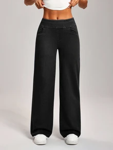 Flexra Women's Slimming Solid Color Straight Loose Fit Versatile Jeans,New Summer Arrivals Travel Black Casual - Black - View 5