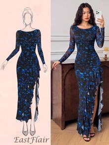 EastFlair Stylish Women's Long Sleeve Floral Dress With Boat Neck High Side Slit And Ruffle Detail Autumn New Year Outfit Fairy Party Night Out Black Sexy - Multicolor - View 1