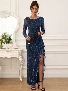 EastFlair Stylish Women's Long Sleeve Floral Dress With Boat Neck High Side Slit And Ruffle Detail Autumn New Year Outfit Fairy Party Night Out Black Sexy - Multicolor - View 5