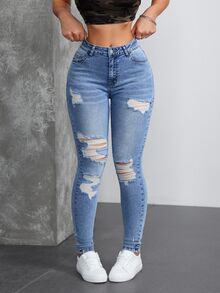 SHEIN Tall 女款口袋細節做舊修身休閒百搭牛仔褲，適合高個女性 - 藍色 - 查看 7