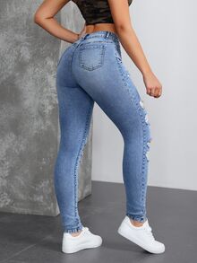 SHEIN Tall 女款口袋細節做舊修身休閒百搭牛仔褲，適合高個女性 - 藍色 - 查看 2