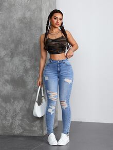 SHEIN Tall 女款口袋細節做舊修身休閒百搭牛仔褲，適合高個女性 - 藍色 - 查看 5