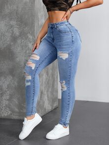 SHEIN Tall 女款口袋細節做舊修身休閒百搭牛仔褲，適合高個女性 - 藍色 - 查看 6