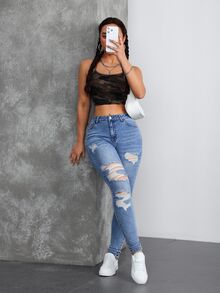 SHEIN Tall 女款口袋細節做舊修身休閒百搭牛仔褲，適合高個女性 - 藍色 - 查看 3