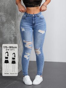 SHEIN Tall 女款口袋細節做舊修身休閒百搭牛仔褲，適合高個女性 - 藍色 - 查看 1