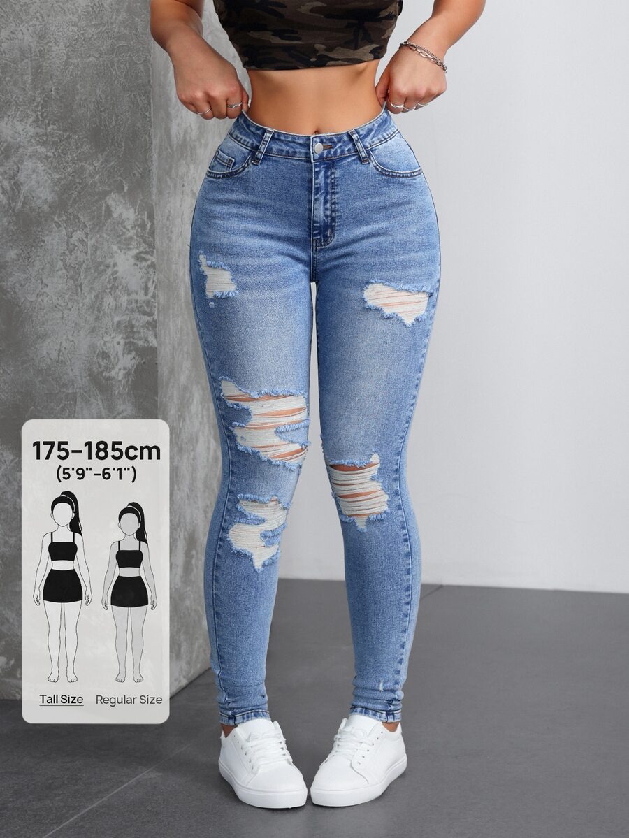 SHEIN Tall 女款口袋細節做舊修身休閒百搭牛仔褲,適合高個女性 - 藍色 - 查看 1