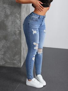 SHEIN Tall 女款口袋細節做舊修身休閒百搭牛仔褲，適合高個女性 - 藍色 - 查看 4
