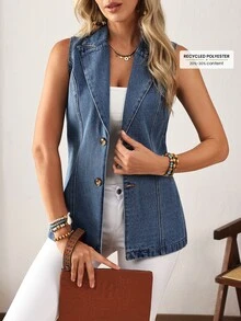 EMERY ROSE Plus Size Solid Color Front Button Casual Sleeveless Denim Jacket Denim Vests For Women Sleeveless Blazer Jean Vests For Women Vest Blazer Women - Blue - View 6