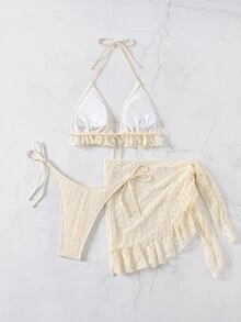 Swim Mod 3pcs Women's Solid Color Halter Strap Sexy Bikini Set, With Cover Up Skirt, For Summer Beach - Beige - View 6