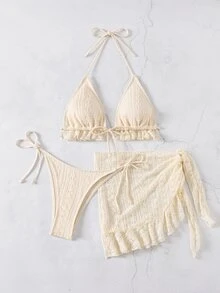 Swim Mod 3pcs Women's Solid Color Halter Strap Sexy Bikini Set, With Cover Up Skirt, For Summer Beach - Beige - View 5