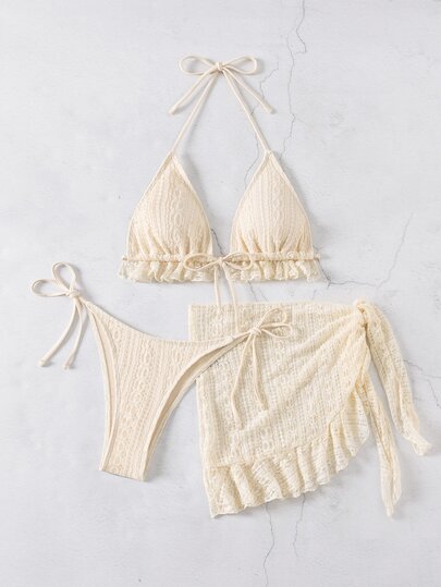 SHEIN Swim 3入組女式純色頸帶性感比基尼套裝，附有遮陽裙，夏季海灘必備