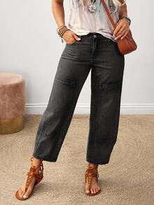 EMERY ROSE Plus Size Women Pocket Flared Casual Traditional Loose Fit Jeans Summer - Black - View 3