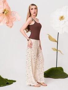 PRISCILA ESCOTO PRISCILA ESCOTO French Retro Square Neck Camisole,Shell Embroidered Knit Sleeveless T-Shirt,Minimalist Versatile Boho Summer Brown And Cream Vacation Top - Coffee Brown - View 5