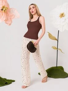 PRISCILA ESCOTO PRISCILA ESCOTO French Retro Square Neck Camisole,Shell Embroidered Knit Sleeveless T-Shirt,Minimalist Versatile Boho Summer Brown And Cream Vacation Top - Coffee Brown - View 1