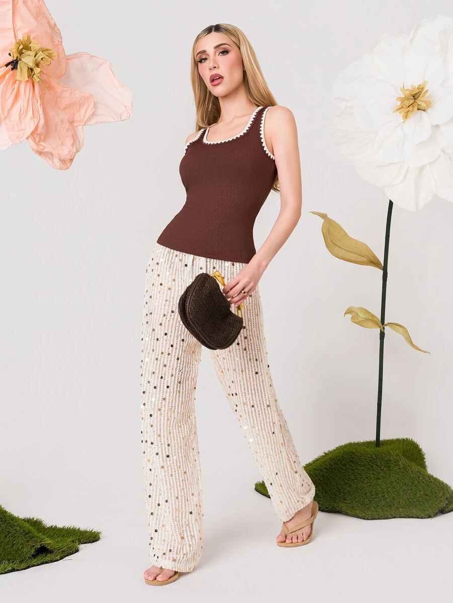 PRISCILA ESCOTO PRISCILA ESCOTO French Retro Square Neck Camisole,Shell Embroidered Knit Sleeveless T-Shirt,Minimalist Versatile Boho Summer Brown And Cream Vacation Top - Coffee Brown - View 1