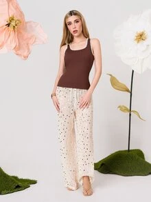 PRISCILA ESCOTO PRISCILA ESCOTO French Retro Square Neck Camisole,Shell Embroidered Knit Sleeveless T-Shirt,Minimalist Versatile Boho Summer Brown And Cream Vacation Top - Coffee Brown - View 4