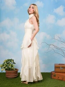 PRISCILA ESCOTO PRISCILA ESCOTO 女士新款优雅无袖吊带长裙，腰部褶裥设计，闪亮波浪裙摆，白色，适合宴会、派对、聚会等场合 - 米色 - 查看 4