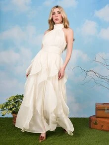 PRISCILA ESCOTO PRISCILA ESCOTO 女士新款优雅无袖吊带长裙，腰部褶裥设计，闪亮波浪裙摆，白色，适合宴会、派对、聚会等场合 - 米色 - 查看 1