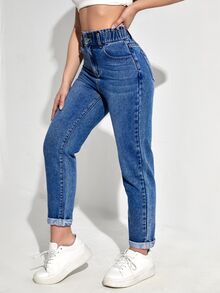 SHEIN EZwear 女式口袋紧身休闲百搭牛仔裤 - 深色水洗藍 - 查看 5