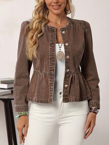 EMERY ROSE Women's Casual Denim Jacket With Single-Breasted, Puff Sleeves And Ruffle Hem, Suitable For Autumn Everyday Shades Of Brown - Coffee Brown - View 4
