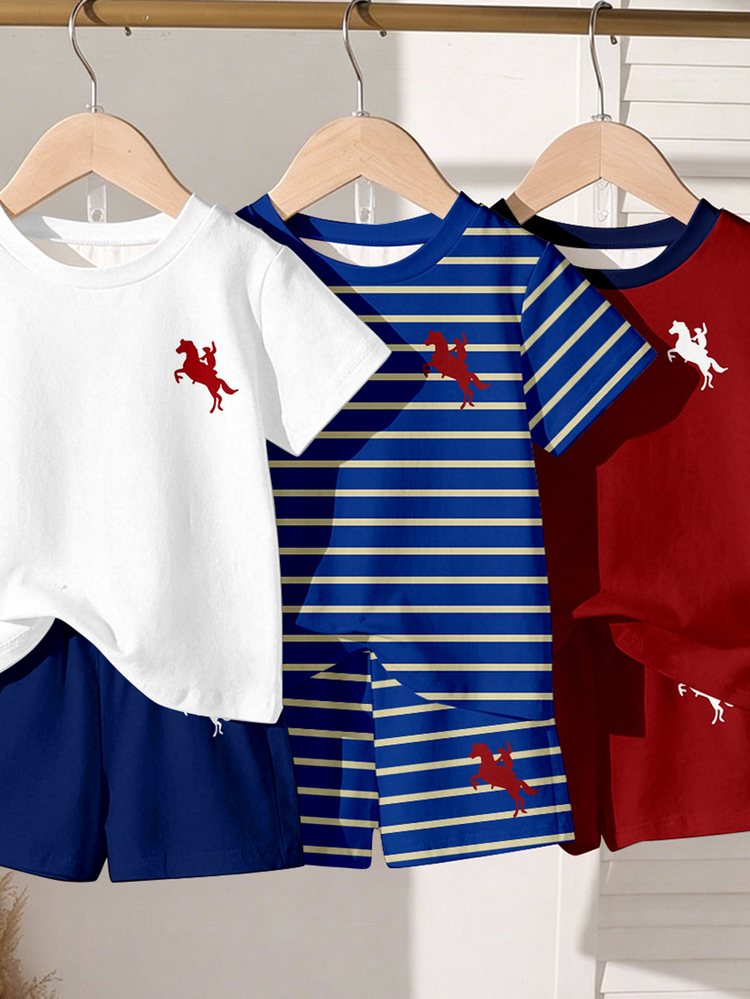 SHEIN Red Blue Yellow Colorblock Kids Casual Cute Modest Tropical Classic Knight Print Crew Neck Short Sleeve T-Shirt And Shorts Vacation Summer Holiday - Multicolor - View 3