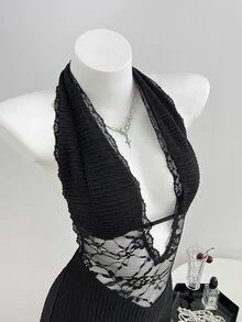 Elamini Women's Minimalist Black Textured Fitted Lace Patchwork Sexy V-Neck Tie-Up Bodysuit - Black - View 1
