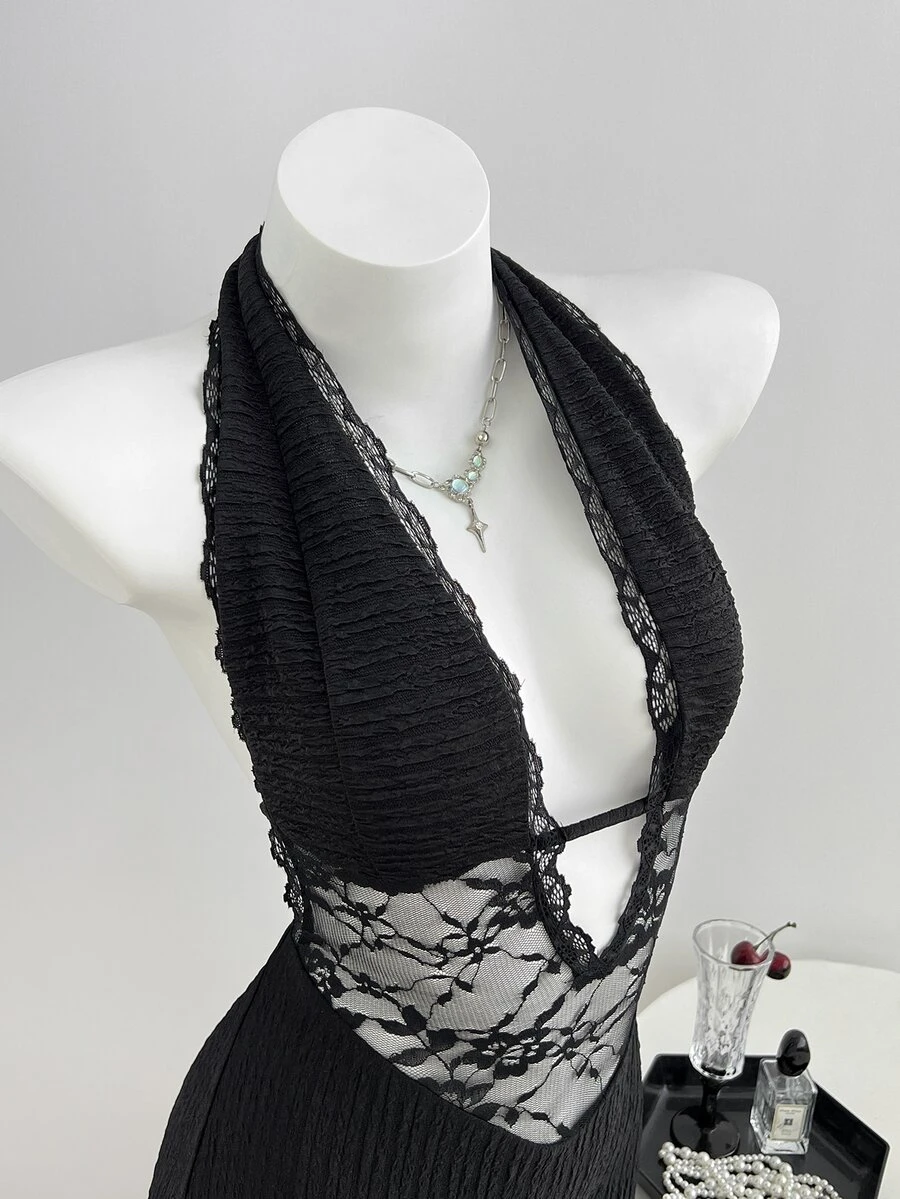 Elamini Women's Minimalist Black Textured Fitted Lace Patchwork Sexy V-Neck Tie-Up Bodysuit - Black - View 1