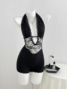 Elamini Women's Minimalist Black Textured Fitted Lace Patchwork Sexy V-Neck Tie-Up Bodysuit - Black - View 6