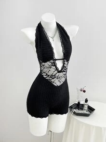 Elamini Women's Minimalist Black Textured Fitted Lace Patchwork Sexy V-Neck Tie-Up Bodysuit - Black - View 5