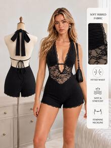 Elamini Women's Minimalist Black Textured Fitted Lace Patchwork Sexy V-Neck Tie-Up Bodysuit - Black - View 7