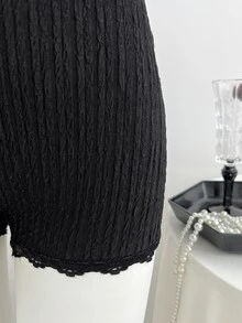 Elamini Women's Minimalist Black Textured Fitted Lace Patchwork Sexy V-Neck Tie-Up Bodysuit - Black - View 4