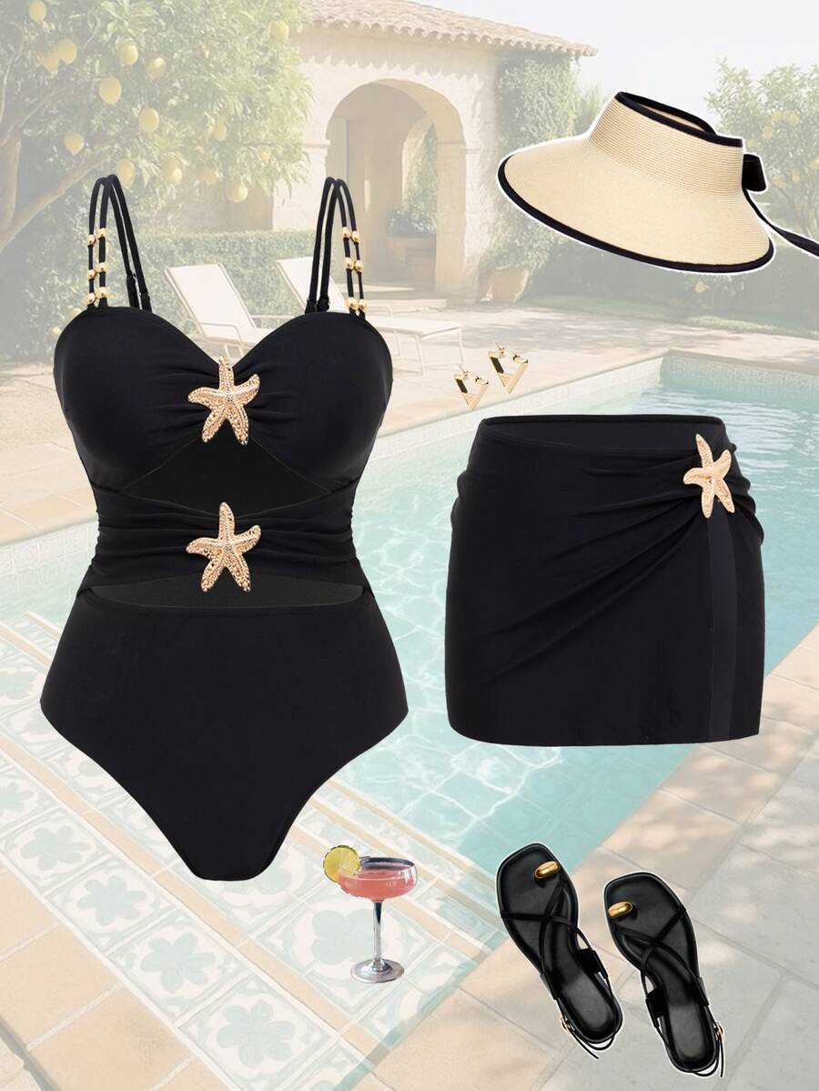 Swim Oasis 2 piezas Traje de baño con falda, decoración de estrella de mar de unicolor y patchwork, para vacaciones en la playa - Negro - Ver 1