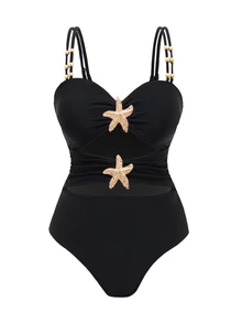 Swim Oasis 2 piezas Traje de baño con falda, decoración de estrella de mar de unicolor y patchwork, para vacaciones en la playa - Negro - Ver 4
