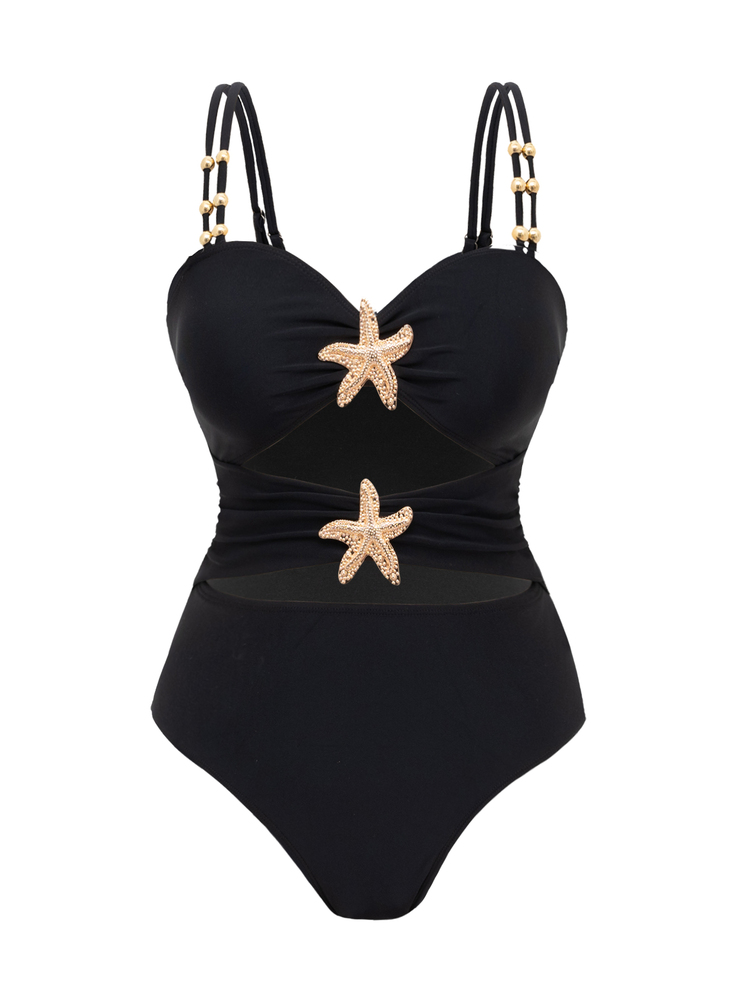 Swim Oasis 2026 New Solid Color Patchwork Starfish Decor 2 Pieces Swimsuit With Skirt, Beach Holiday - Black - View 4