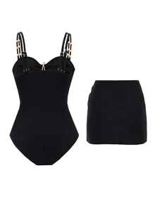 Swim Oasis 2 piezas Traje de baño con falda, decoración de estrella de mar de unicolor y patchwork, para vacaciones en la playa - Negro - Ver 2