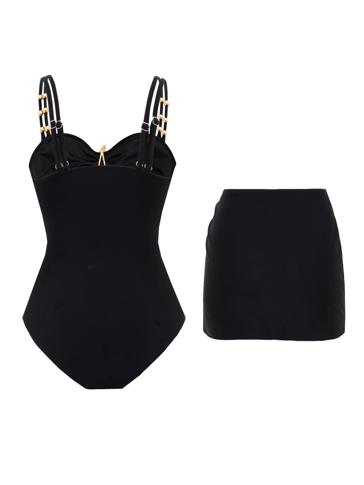 Swim Oasis 2026 New Solid Color Patchwork Starfish Decor 2 Pieces Swimsuit With Skirt, Beach Holiday - Black - View 2