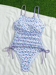 Swim Mod 女士连体泳衣，适合夏季海滩和休闲度假——温柔、复古、甜美又浪漫。采用双印花设计：小碎花图案搭配格子图案。侧边抽绳设计，露背剪裁，修身显瘦。是海滩、海边出游的理想之选；也是女士春秋季泳装的完美之选。 - 彩色 - 查看 7
